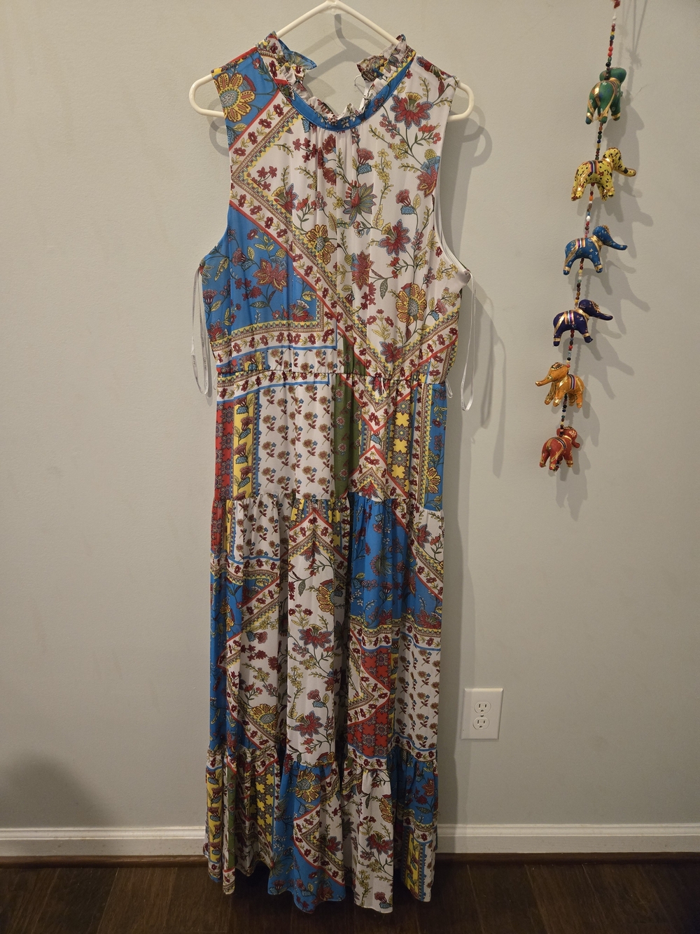 Calvin Klein Blue, White & Multicolor Patchwork Maxi Dress
